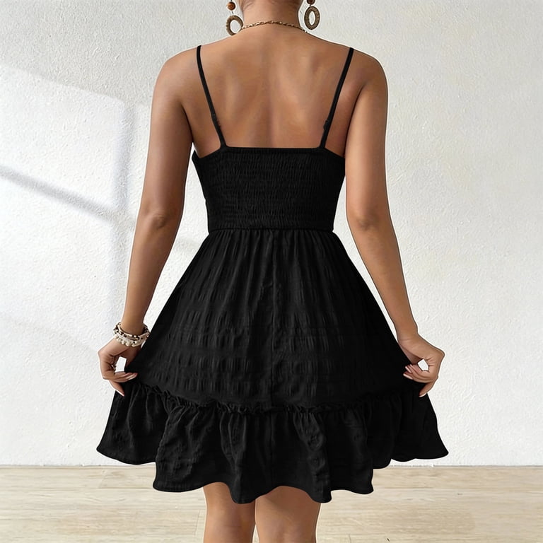 casual graduation dress Asdoklhq Summer Dresses Lace Eyelet Ladies' and Fashionable Solid Color Sleeveless Round Neck Suspender Dress Black L, Women's Renewal