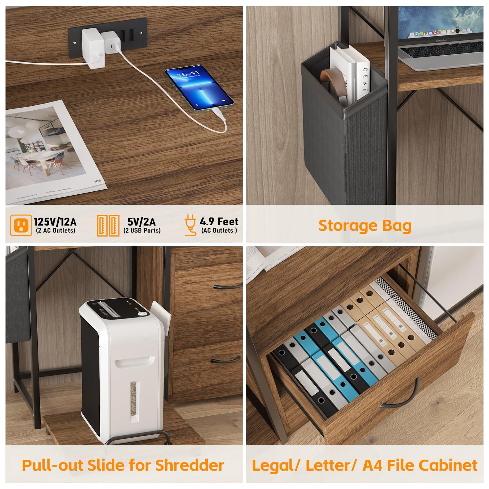 Smart Wooden Printer Stand with Built-in Power Strip and LED Lights, Featuring a 2-Drawer File Cabinet and Open Shelf for A4/Letter Size Home Office Organization，Brown