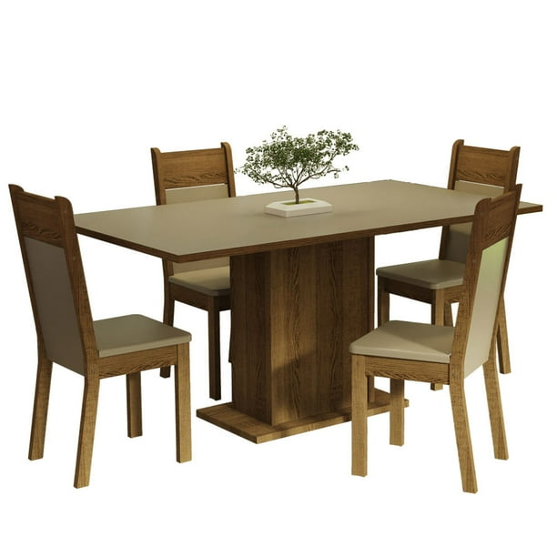 Juego de Comedor Mesa con Encimera de Madera 4 Sillas Crema/Marrón/Beige Elisa Madesa