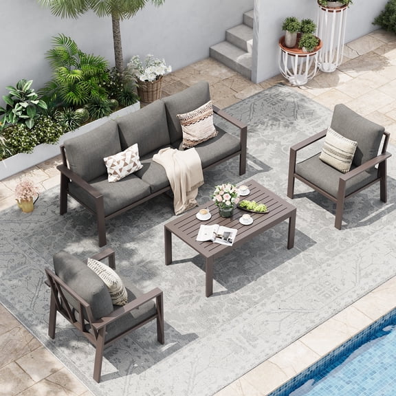 POTEBAN Aluminum Patio Furniture Set, Modern Metal Outdoor Sectional Sofa, Patio Conversation Sets with Side Table for Poolside, courtyard,Grey