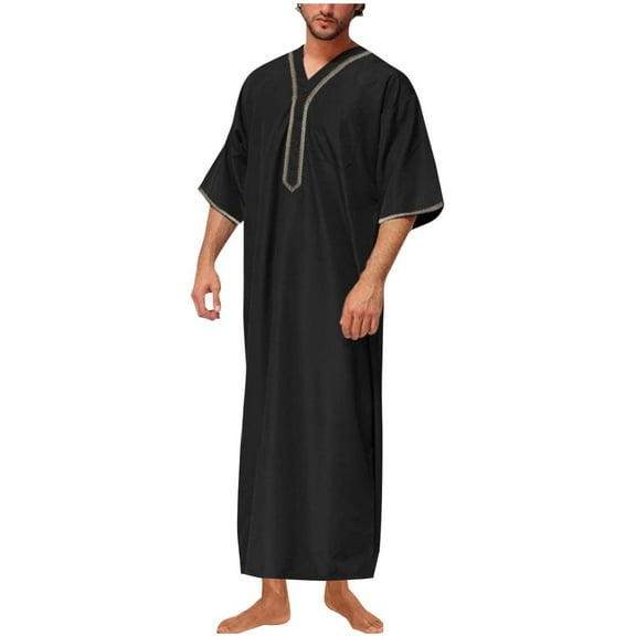 Aueoeo Robe for Men Long Sleeve Kaftan Islamic Arabic Thobe V Neck Robe Ramadan Middle Islamic Cloth Shirt Gown