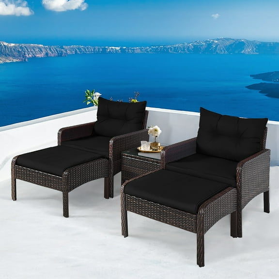 Gymax 5PCS Patio Set Sectional Rattan Wicker Furniture Set w/ Black Cushion