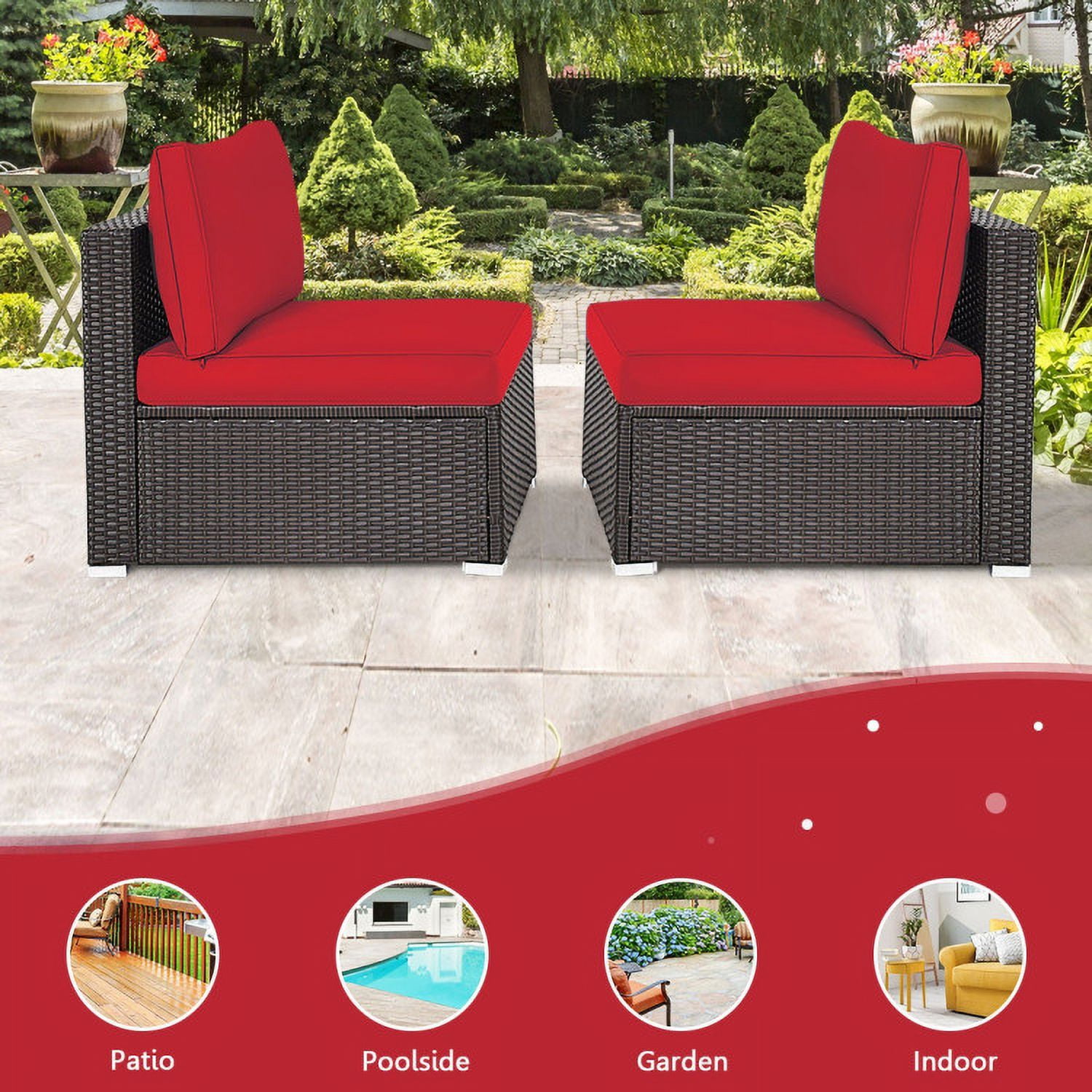 Aimee Lii 2 Pieces Patio Rattan Armless Sofa Set with 2 Cushions and 2 Pillows, Outdoor Patio Set, Red Aimee Lii 2 Pieces Patio Rattan Armless Sofa Set with 2 Cushions and 2 Pillows, Outdoor Patio Set, Red
