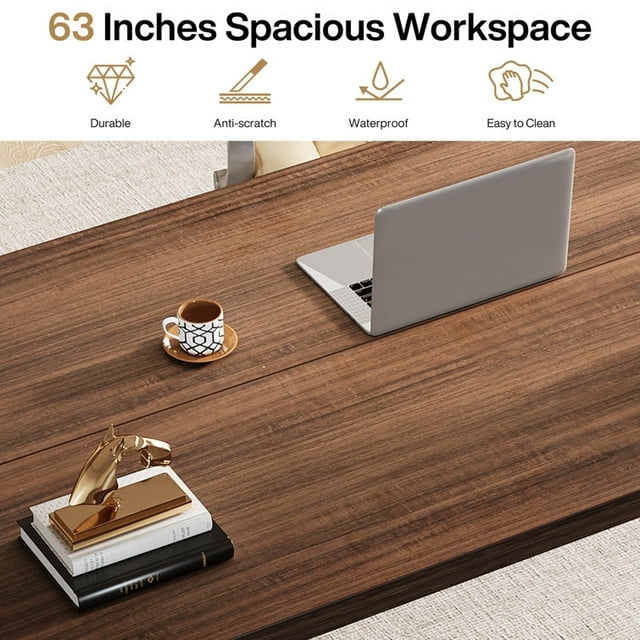Tribesigns 63-Inch Executive Desk, Large Office Computer Desk with Solid Wood Legs, Simple Modern Study Writing Desk Workstation, Conference Table Business Furniture for Home Office