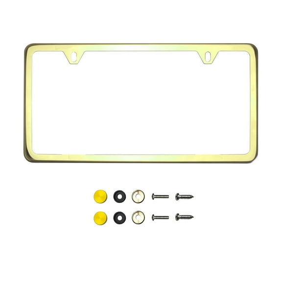 KA Depot Two Hole Slim Version Gold Chrome Polish Mirror License Plate Frame T304 Stainless Steel Metal Screw Caps