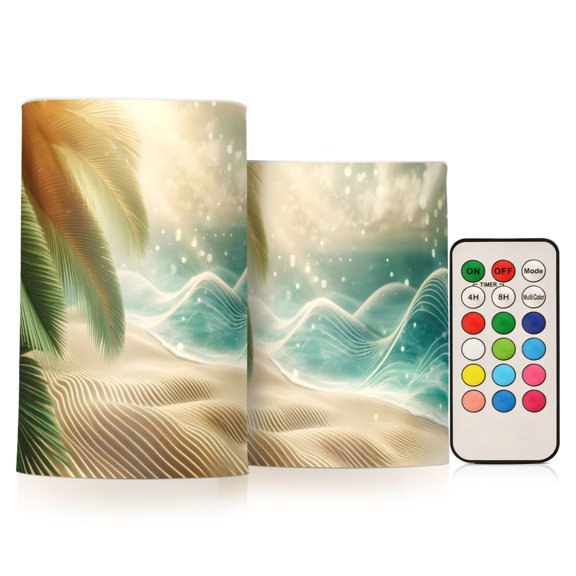 Waves Beach Tree Flickering Flameless LED Candles set of 2 Battery Operated 18-Key Remotes Timer Halloween Fall Decor D3''xH4''5''