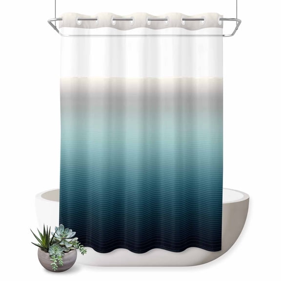 No Hook Shower Curtain, Grey Turquoise Ombre Shower Curtains for Bathroom with See Through Top Window, Teal Modern Geometric Striped Abstract Art Waterproof & Washable Bath Curtain Extra Long 72"x96"