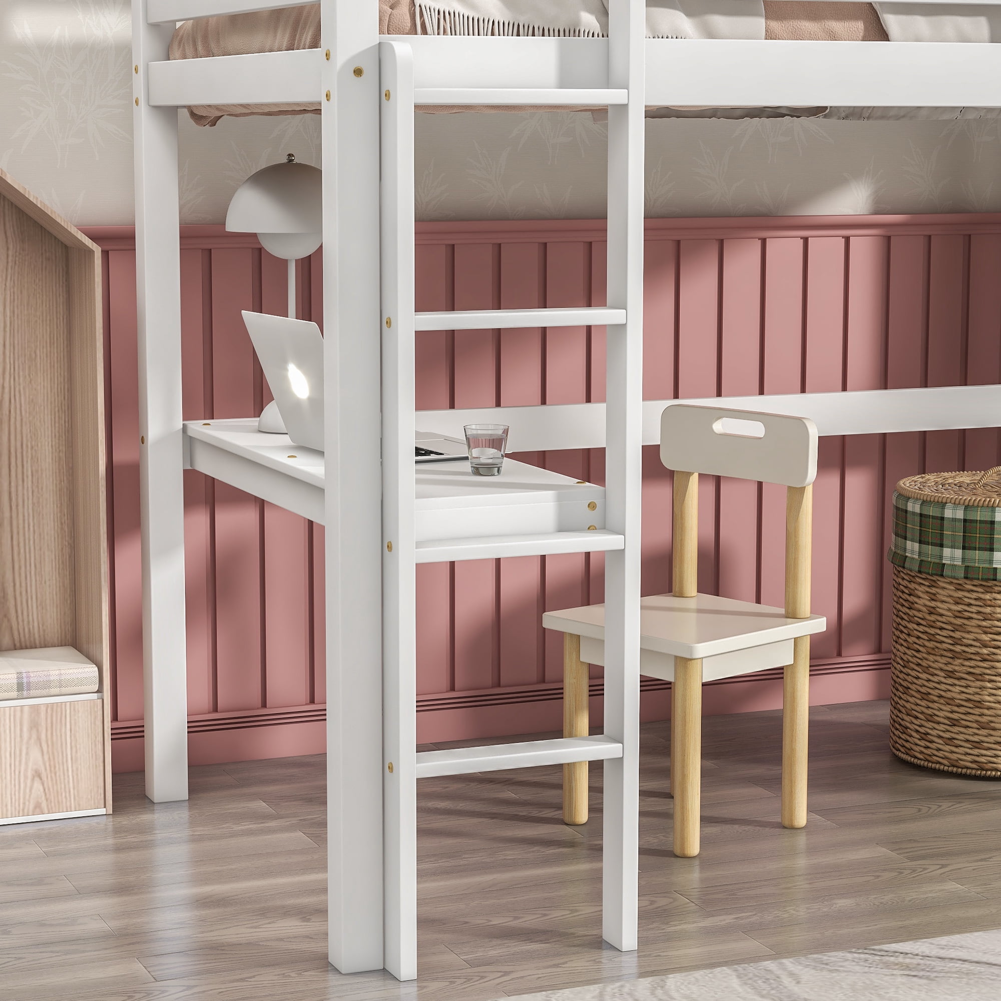Aukfa Kids Twin Loft Bed Wood Frame with Desk Pine and Heavy Duty White