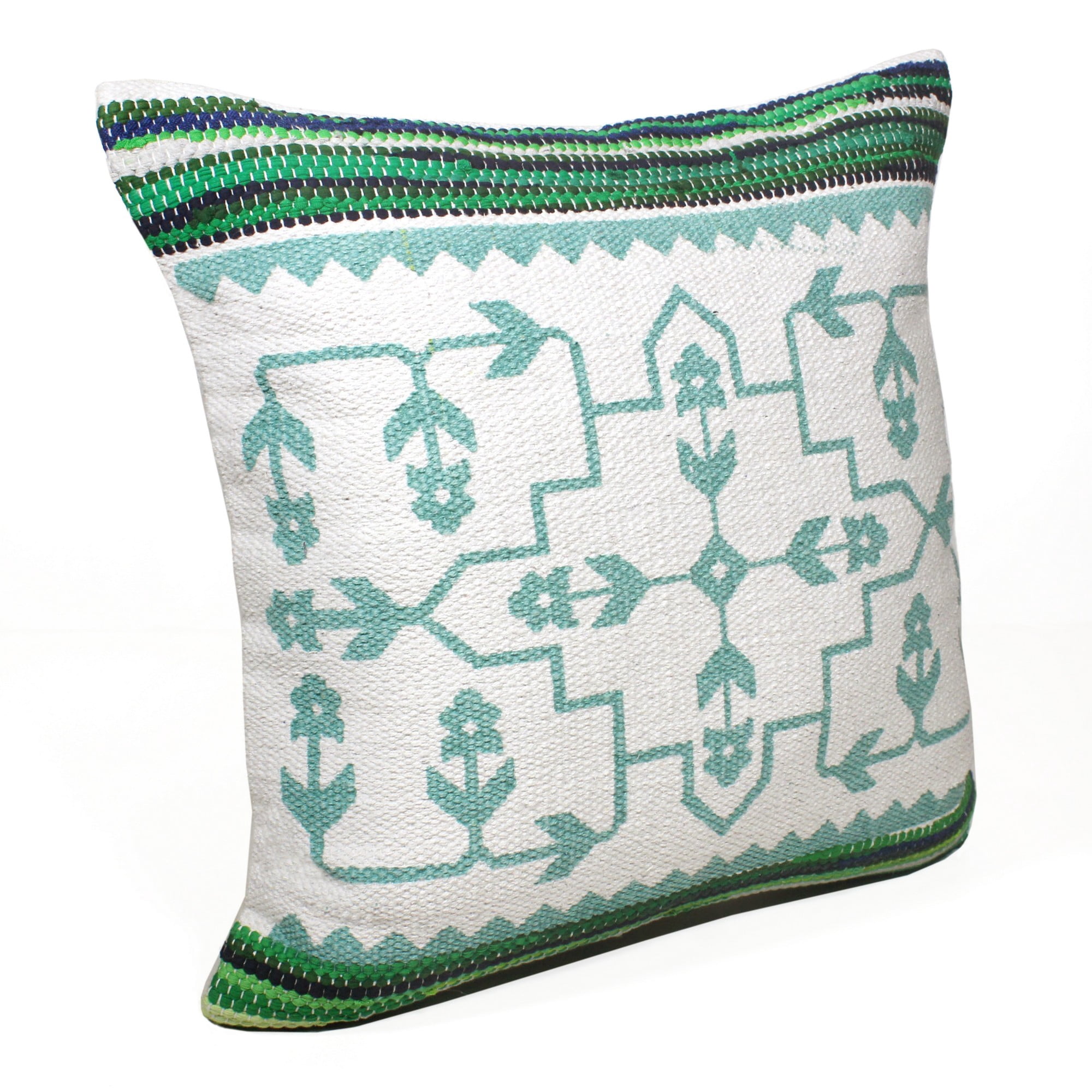 Harlow Hill Green/White/Blue Floral Bohemian/Eclectic Cotton Blend Throw Pillow Cover, 20" x 20"