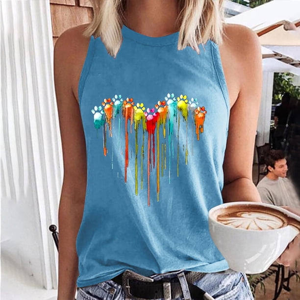 ICHUANYI Clearance Casual Women's Round Neck Summer Sexy Gradient Print Regular Women's Sleeveless Top(Sky Blue, M) ICHUANYI WER2023080902946