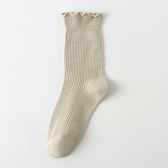 Sunbona Women's Double Needle Lace Trim Mid Calf Socks Solid Color Striped Ruffle Casual Crew Socks For Girls And Students