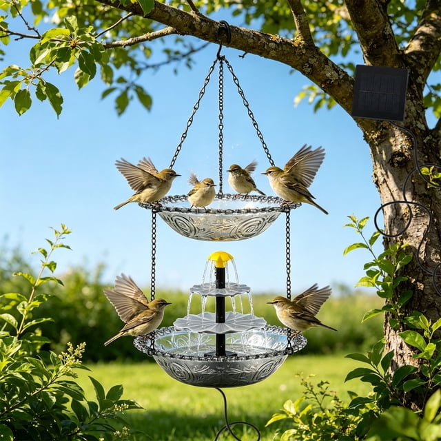 Colgante comedero para pájaros con energía solar y fuente de agua para baño de aves, decoración exterior para jardín, patio y traspatio, adorno 3 en 1 para alimentar, beber y bañar aves.