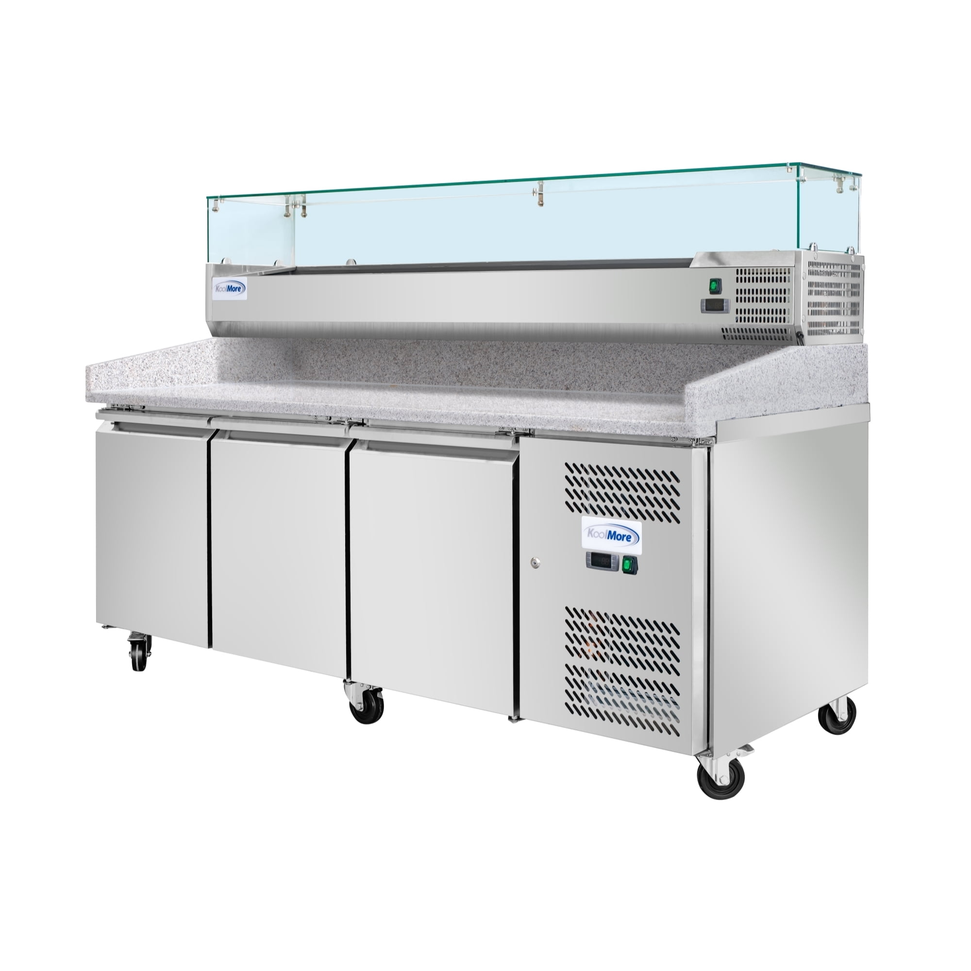 79 in. Three-Door Commercial Refrigerated Granite Top Pizza Prep Station With a Refrigerated Stainless-Steel Condiment Pan Holder (KM-RPCPS-2D79-GRT)