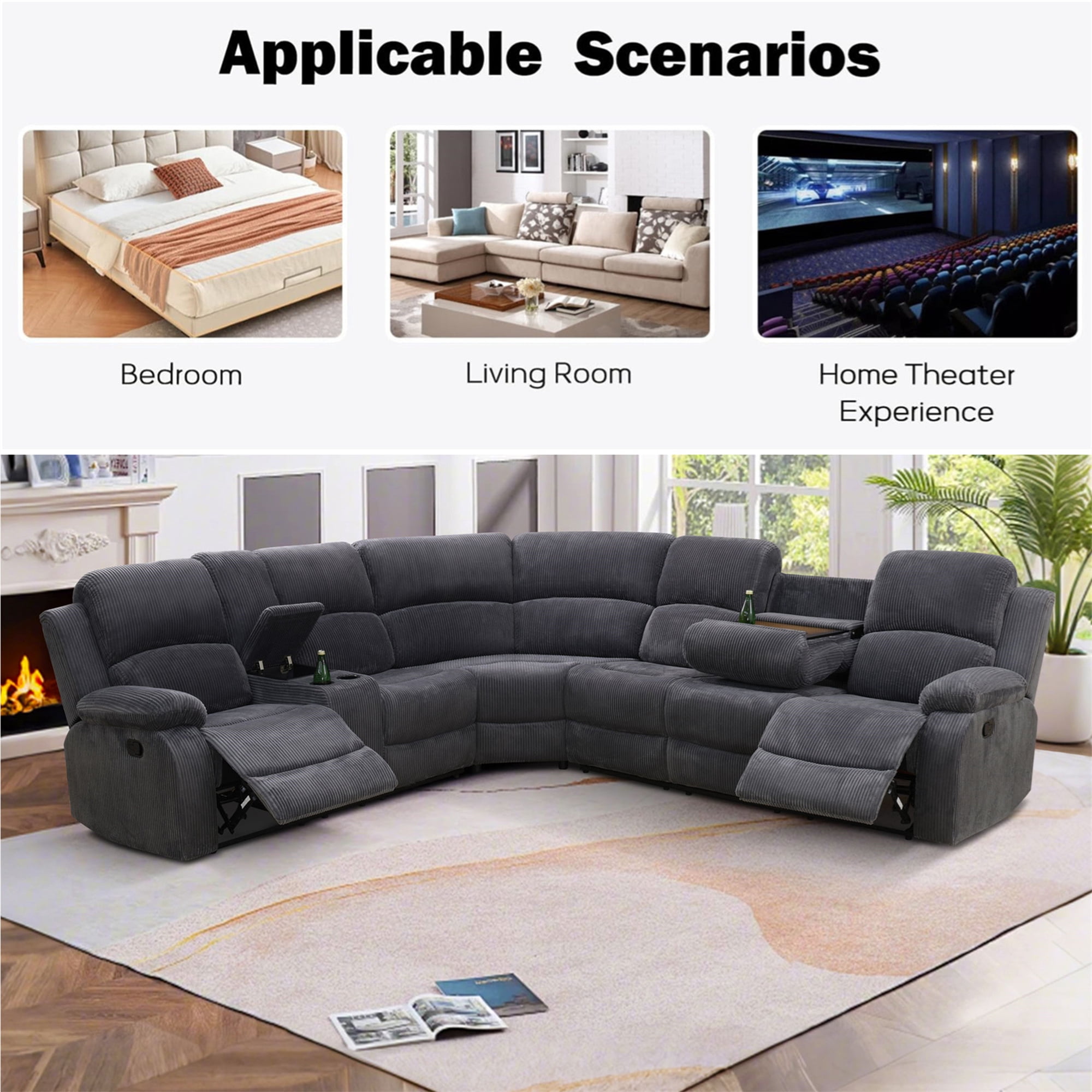 Aukfa 3-Piece Recliner Sofa Set, 6 Seat Sectional Couch with Cup Holders&Storage Console, Gray