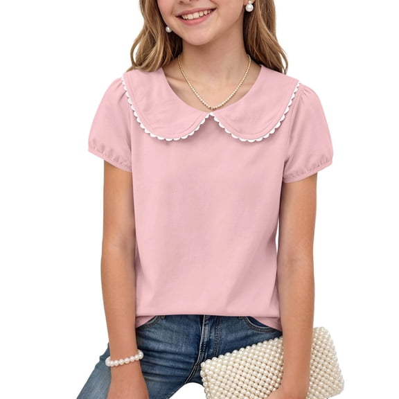 Kinrui Girls Peter Pan Collar T-Shirt Puff Short Sleeve Summer Tops Back to School Cute Tees 0-9 Years