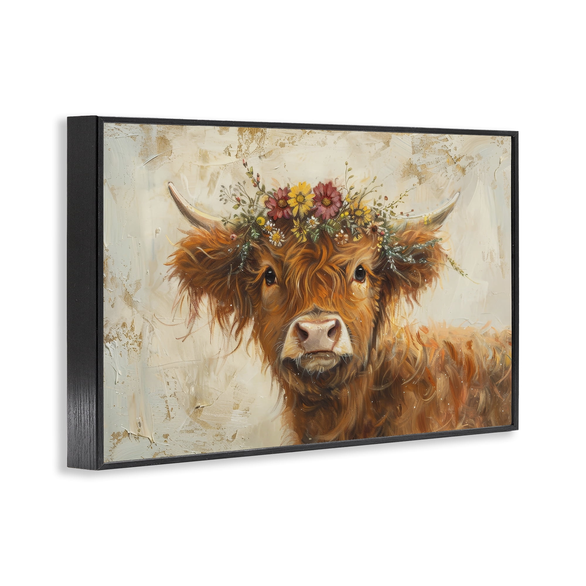 Stupell Industries Floral Crown Highland Animals & Insects Painting Black Framed Art Print Wall Art, 24 x 16