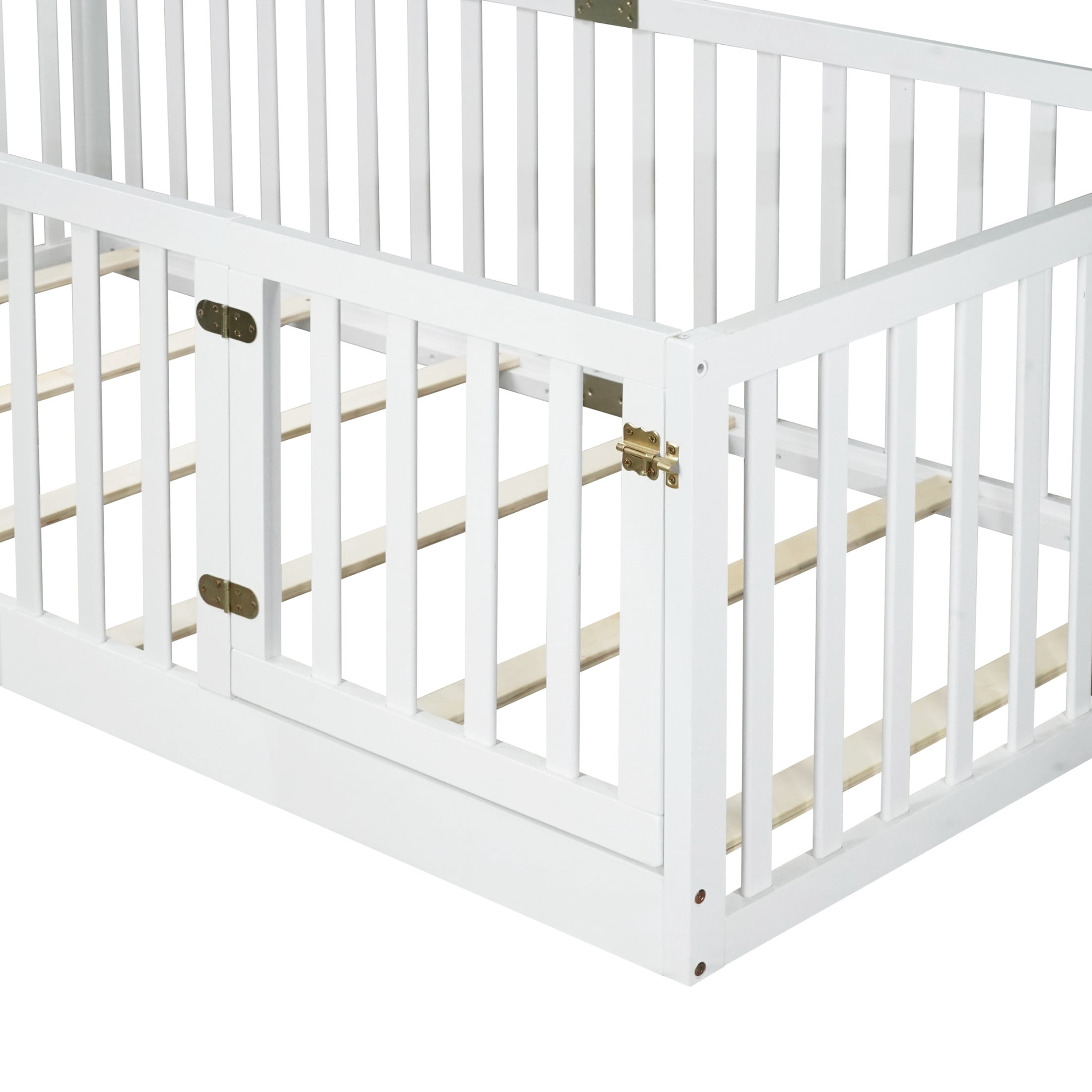 Noble House Alista Twin Size Rubber Wooden Floor Bed with High Safety Fence Guardrails and Door, White