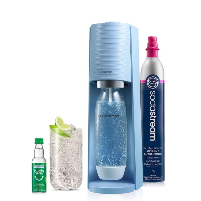 SodaStream - Generador de agua con gas Terra | KIT DE INICIO | Sistema CQC CO2 | Incluye 1 cilindro de CO2, 1 botella apta para lavavajillas de 32 onzas líquidas, 1 gota de sabor burbujeante | Combina