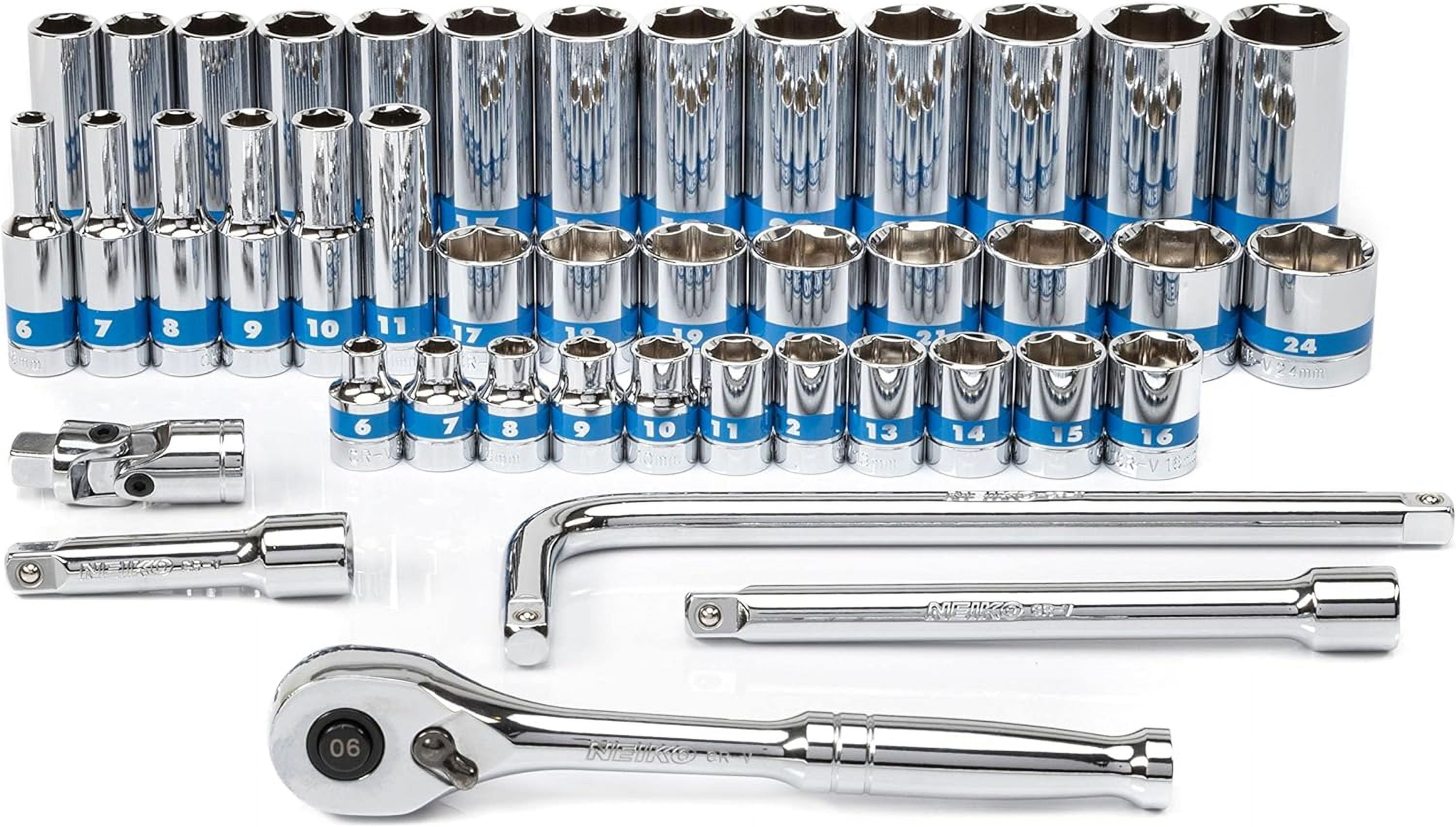 NEIKO 02512A 3/8” Drive Socket Set with Quick Release Ratchet (90 Tooth), 43 Piece Standard and Deep Metric Sizes, 6mm to 24mm, 6 Point, Universal Joint, 3/8” Extension Bars, Made with CR-V Steel