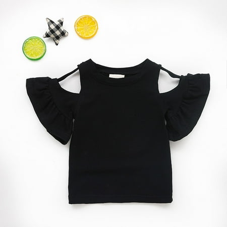 

DENGDENG Baby Boys Girls Crewneck Ruffle T-Shirt Toddler Off Shoulder Solid Color Shirt 6M-4Y