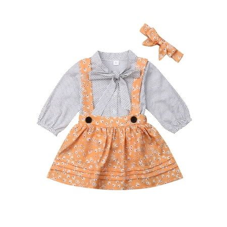 

1-5Years Infant Baby Girl Clothes Dots Long Sleeve Tops+Flower Strap Skirt Outfits Set
