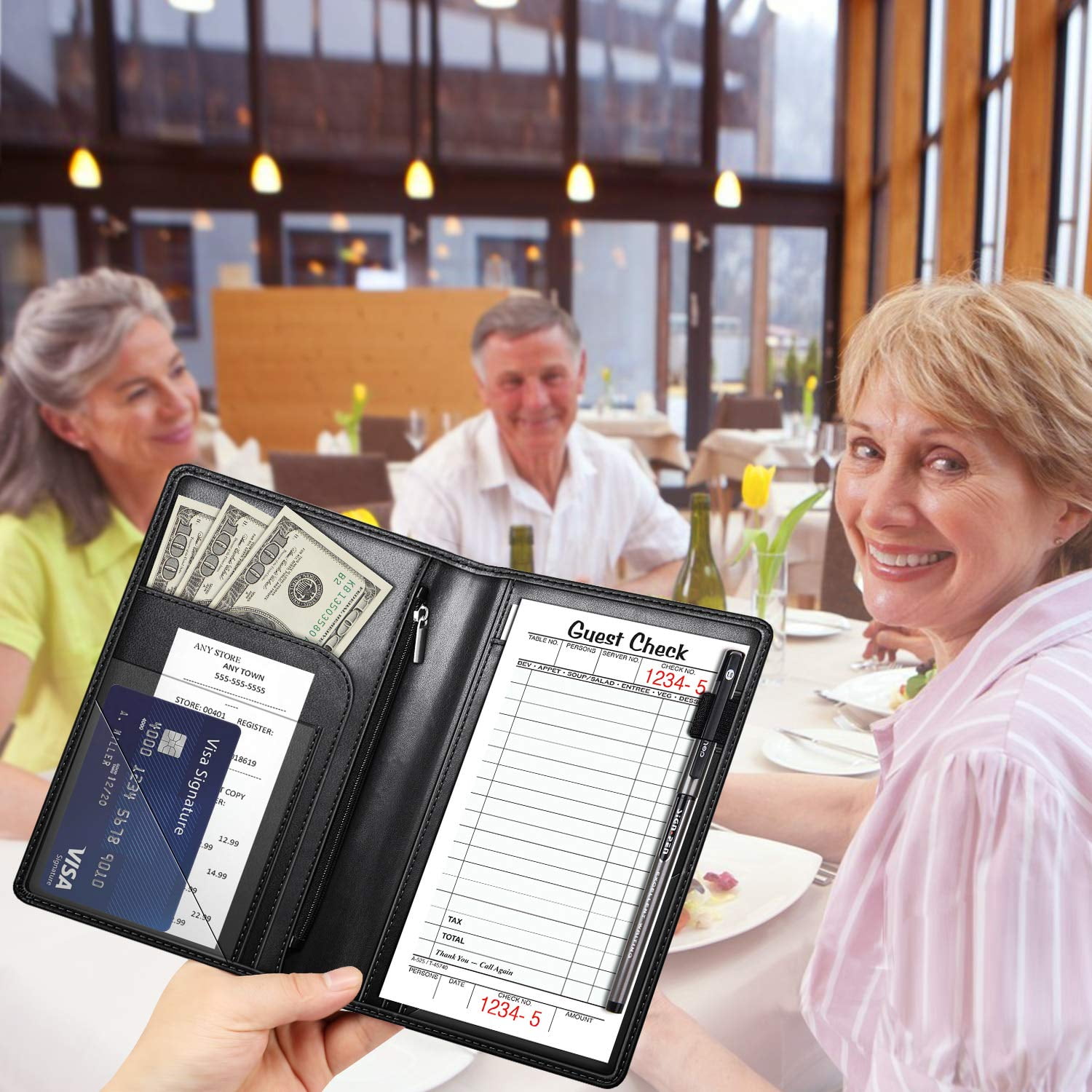Restaurant Server Service Book Organizer with Zipper Pocket for Waiter Waitress 