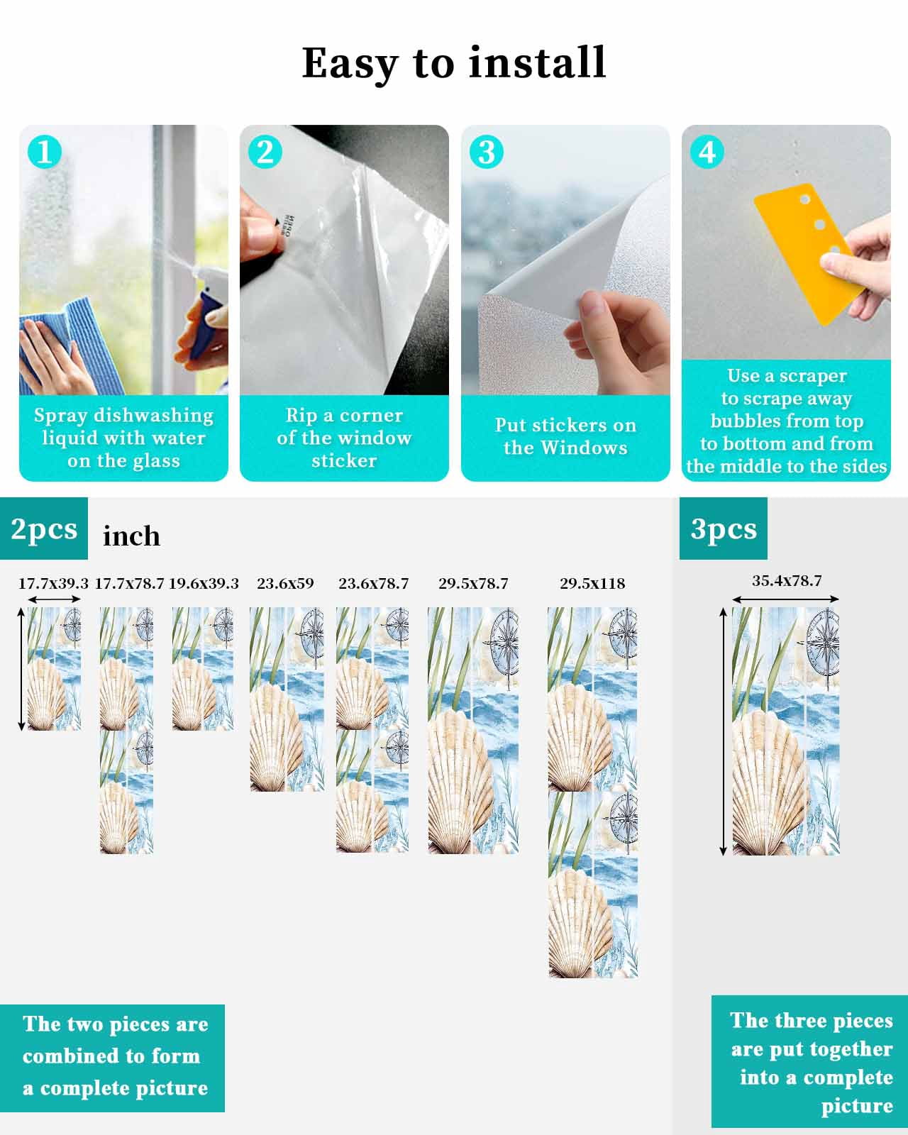 Window Privacy Film Summer Ocean Stained Glass Window Film Decorative Sun Block Window Cover Nautical Sea Shell Coral Wave Window Clings Static Adhesive Sticker for Bathroom 23.6"x59"