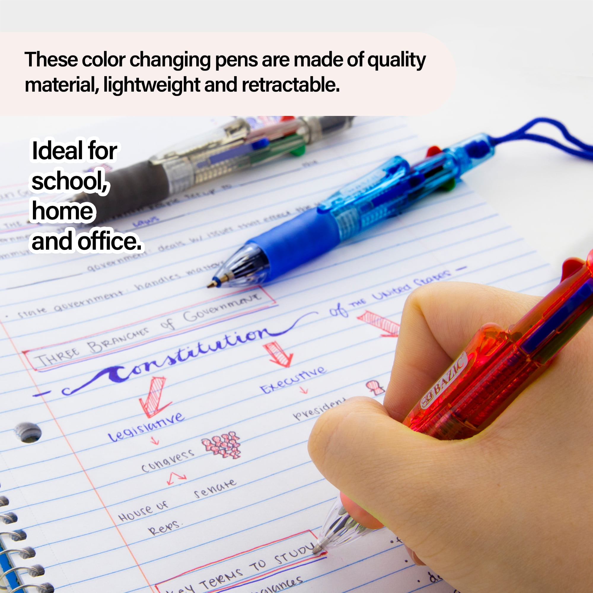 BAZIC 4-Color Ballpoint Neck Pen w/ Soft Grip, 1.0 mm, (1/Pack), 4-Pack