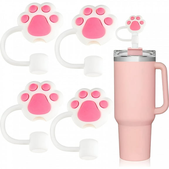 ACDANC 4Pcs Cat Paw Straw Covers for 40 Oz Tumbler Cups, Reusable Silicone Straw Tip Toppers for 0.4 Inch/10Mm Straws, Soft Protector Cover