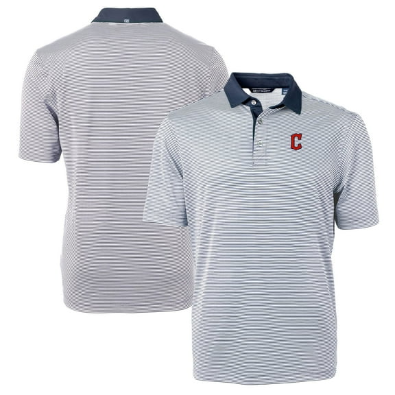 Men's Cutter & Buck Navy/White Cleveland Guardians Virtue Eco Pique Micro Stripe Recycled Polo