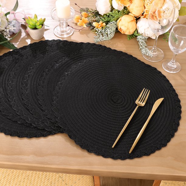 MeyJey Juego de 6 Manteles Individuales Redondos Trenzados de 15", Juego de 6 Manteles Individuales Grandes Antideslizantes Tejidos de Algodón, Manteles Individuales Resistentes Al Calor, Negro