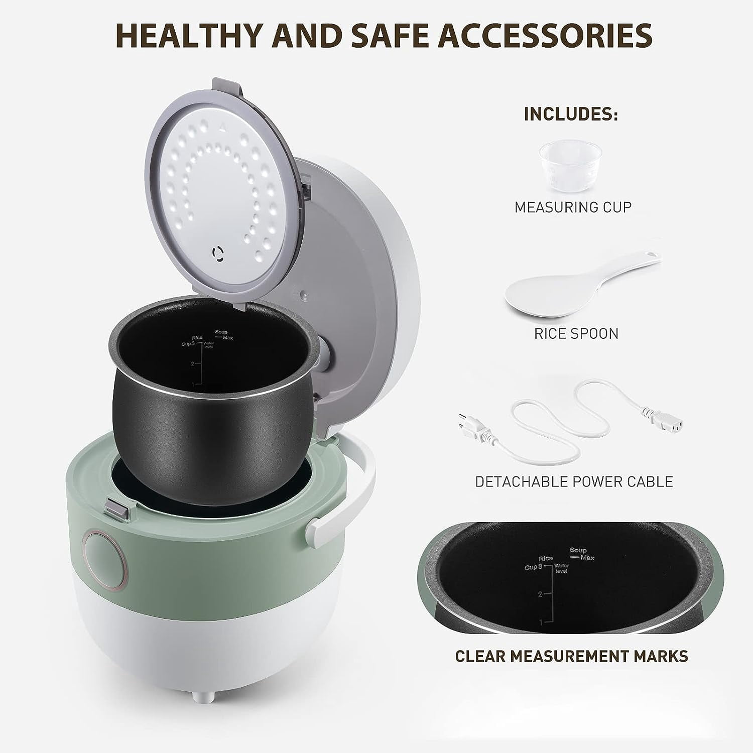 Rice Cooker 3 Cups Uncooked 3D Heating Fuzzy Logic Healthy Nonstick Small Rice Cooker PFAS- Touch-Screen for White Brown Rice Quinoa Oatmeal Soup