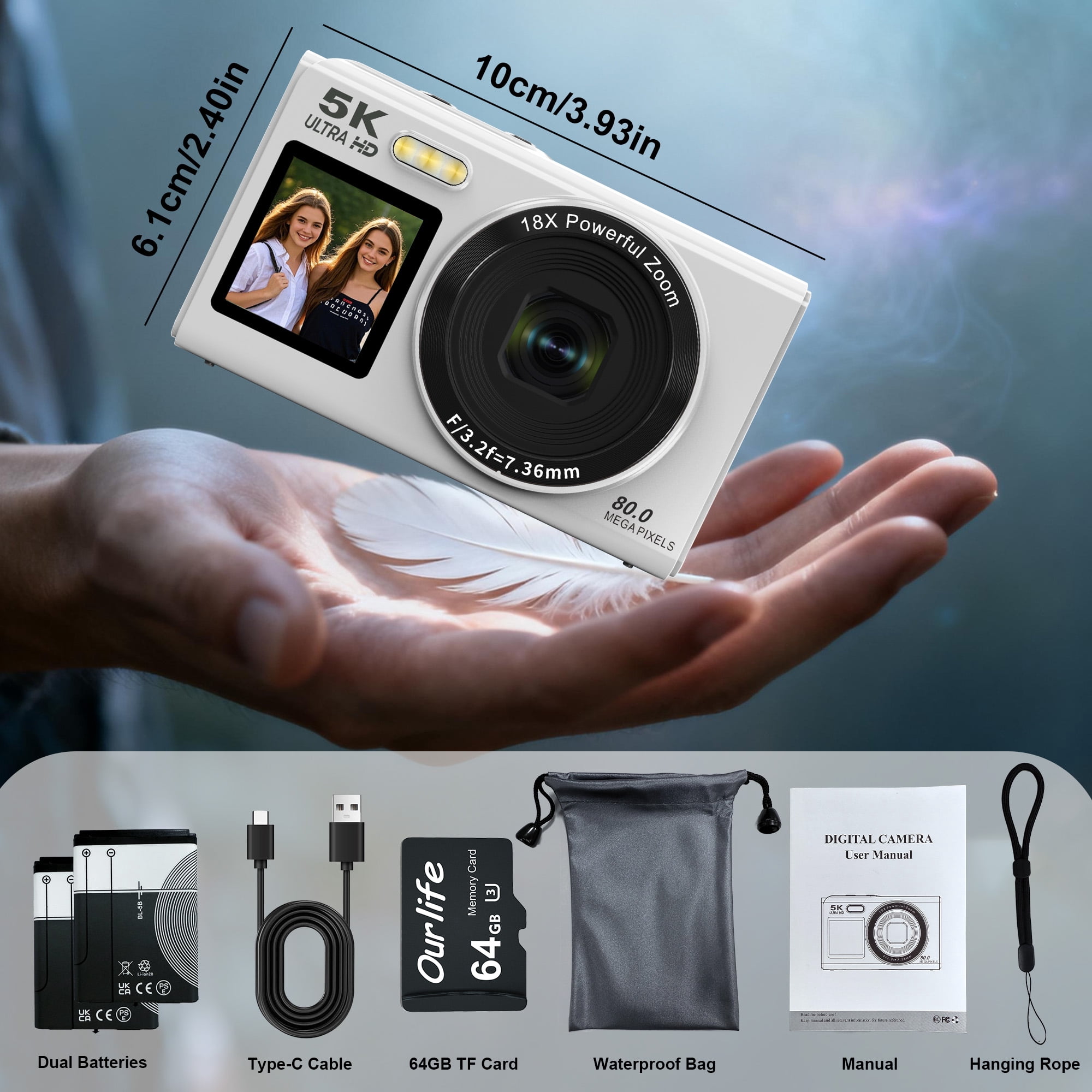 Ourlife Compact Travel Digital Camera for Vlogging, 5K 80MP Dual
