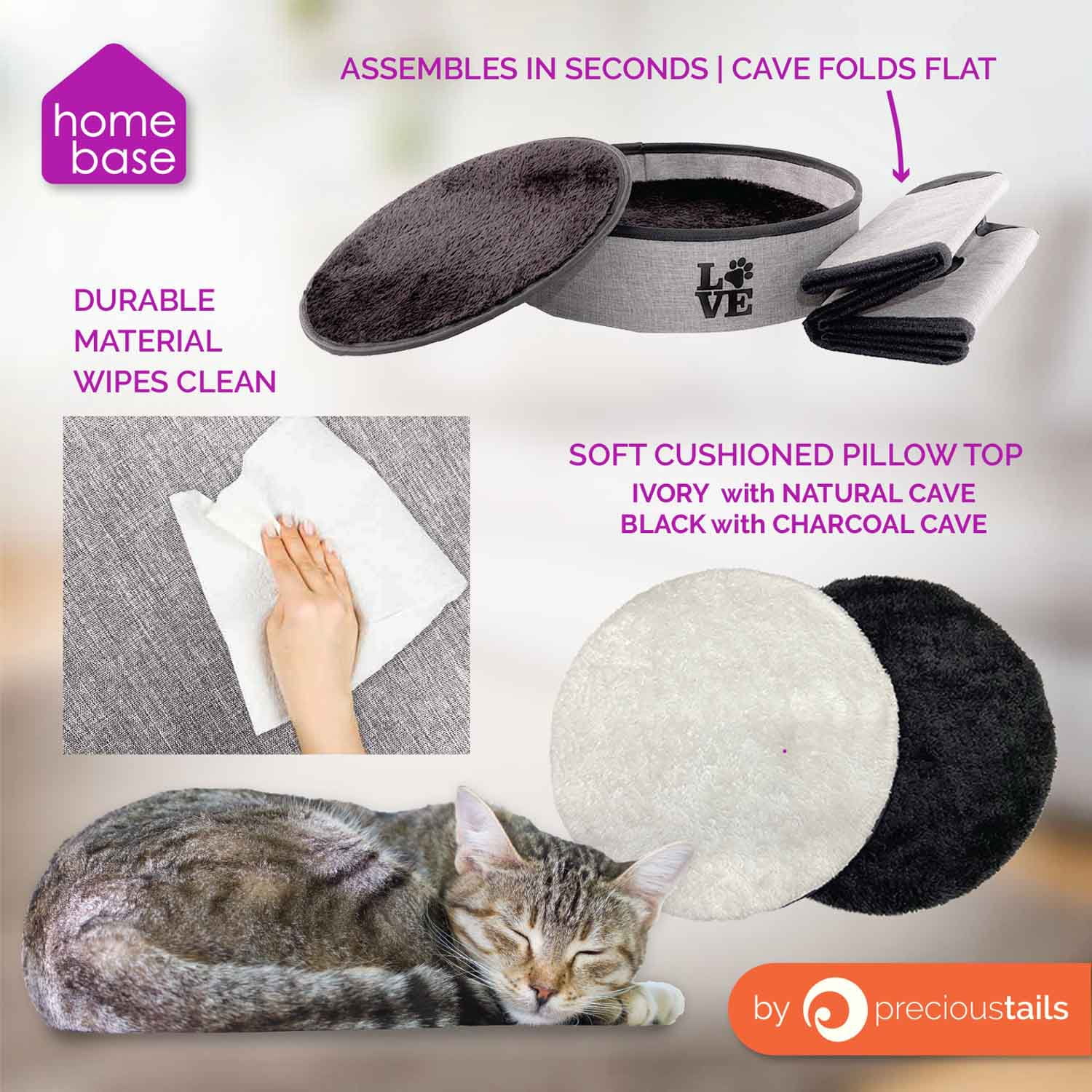 Precious Tails Round 2-Tier Collapsible Pet Cat Cave Bed