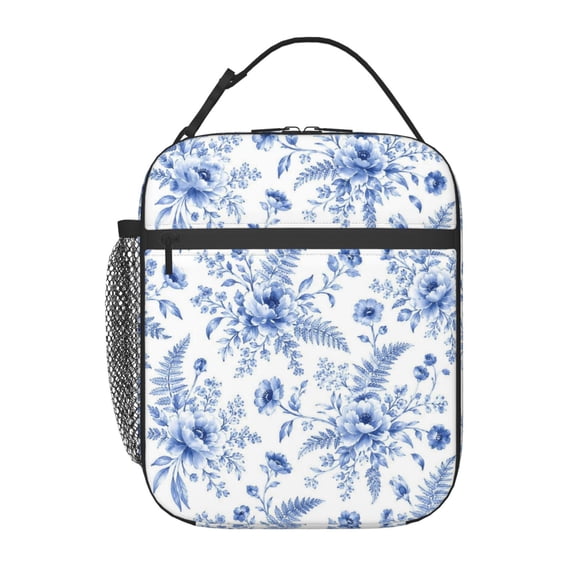 Blue White Floral Lunch Bag Reusable Thermal Lunch Box with Handle for Women and Men