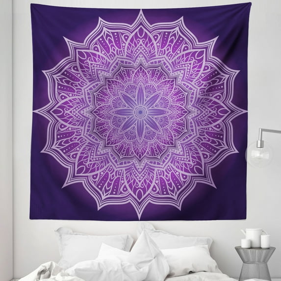 Purple Mandala Tapestry, Hand-Drawn Doodle Lace Mandala with Floral Motifs, Fabric Wall Hanging Decor for Bedroom Living Room Dorm, 5 Sizes, Dark Purple Pale Mauve, by Ambesonne