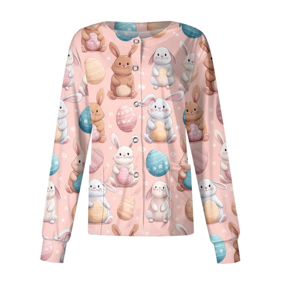 Easter Scrub Jackets Women Bunny Egg Print Long Sleeve Nursing Top Crew Neck Plus Size Nurse Uniform with Pocket Light pink 5XL