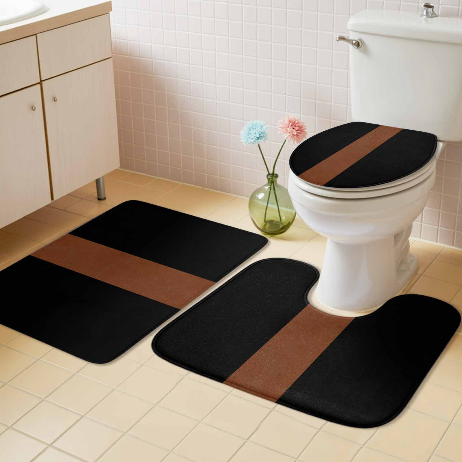 Black Brown Bath Mat 3 Piece Bathroom Rug Set, Contemporary Boho Modern Art Non Slip Bath Rug Contour Mat and Toilet Lid Cover, Absorbent Shower Mats Soft Bath Rugs and Mats Sets