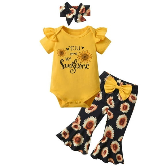 Baby Girl Clothes Ruffle Letter Short Sleeve Romper Floral Bell-Bottoms Pants with Headband Outfits Set Yellow 3-6 Months