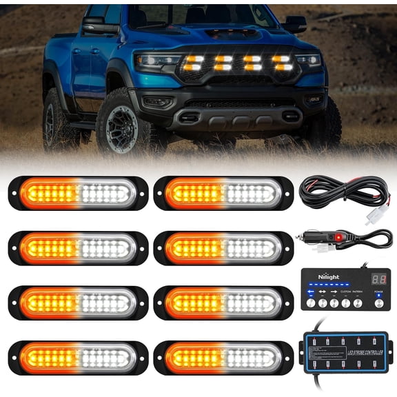 Nilight 8PCS Led Strobe Lights with Controller 12V 24V Sync Feature Amber White Strobe Light 12 LED Surface MountWarning Lights with Strobe Controller for Vehicle Car Truck RV ATV