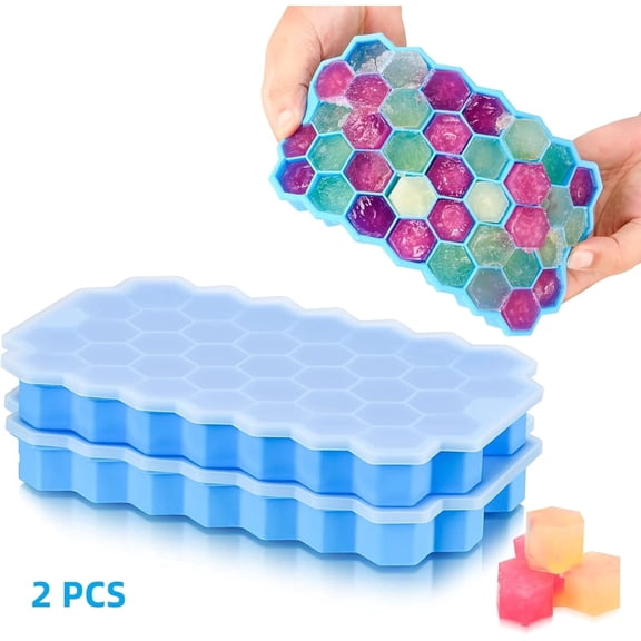Siloon Silicone Ice Cube Trays for Freezer with Lid, 2 Pack 74 Cubes for Cocktail Whiskey Chocolat