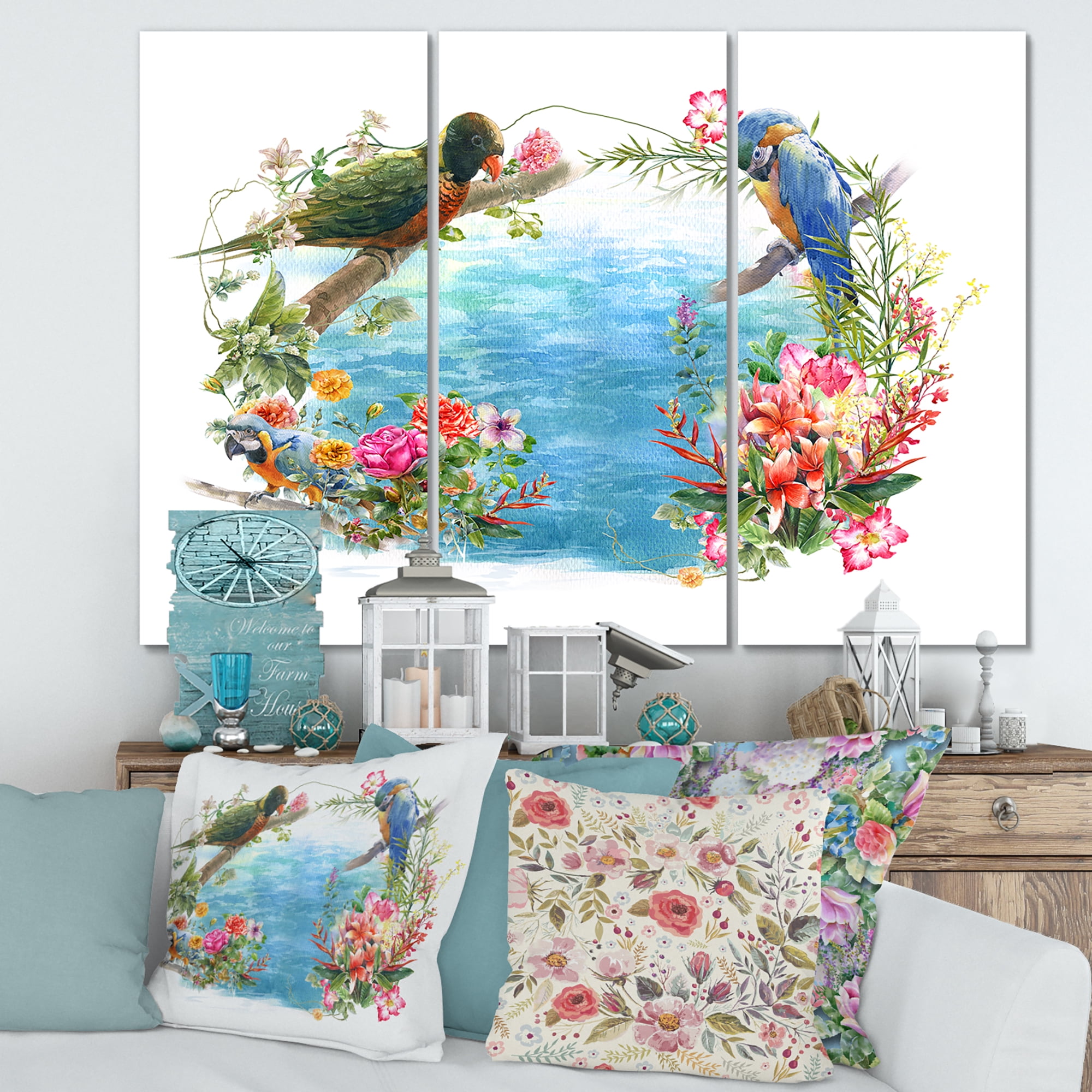 Designart ' Parrots and Flowers By The Blue Waterside ' Traditional Canvas Wall Art Print