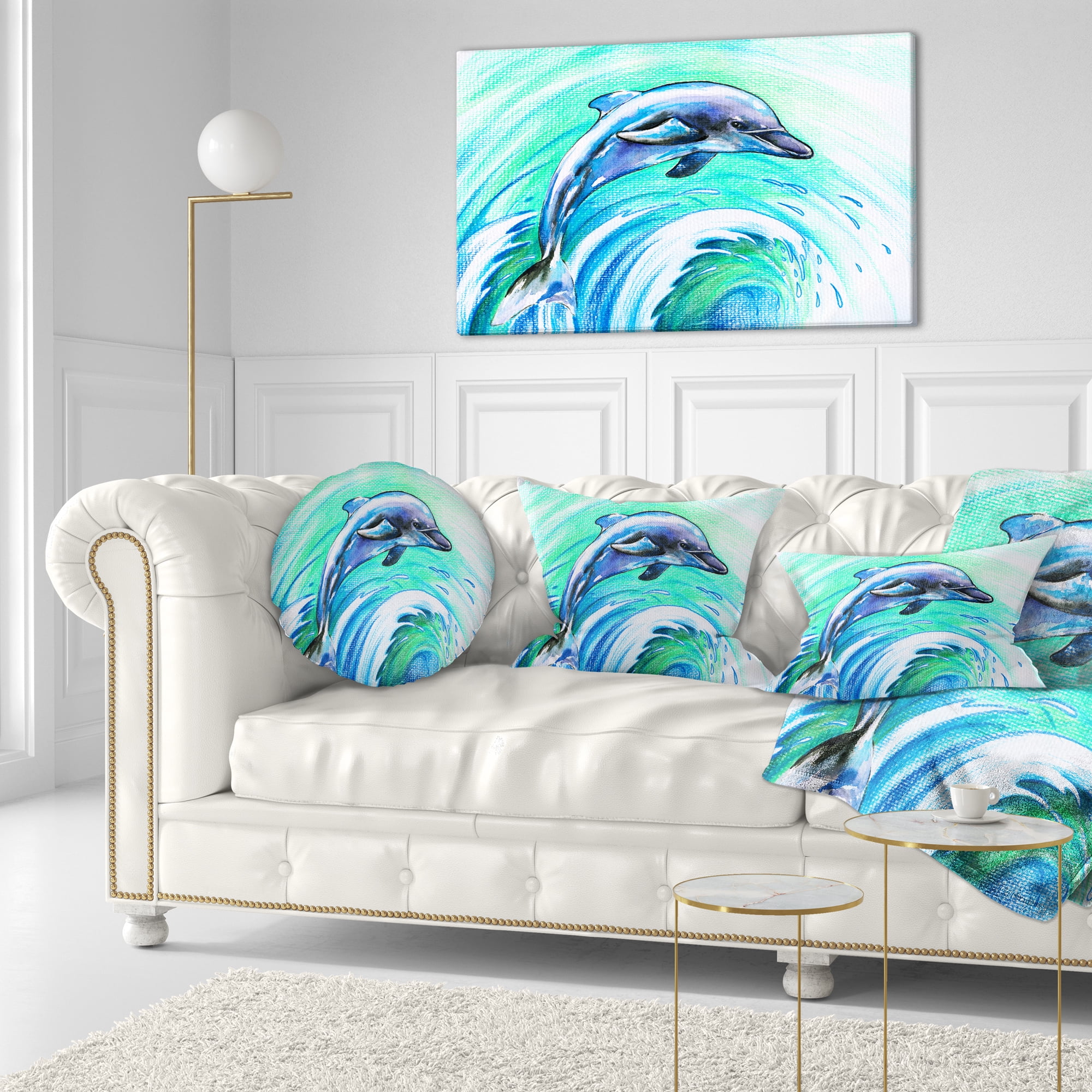 Designart Jumping Dolphin Watercolor - Animal Throw Pillow - 12x20