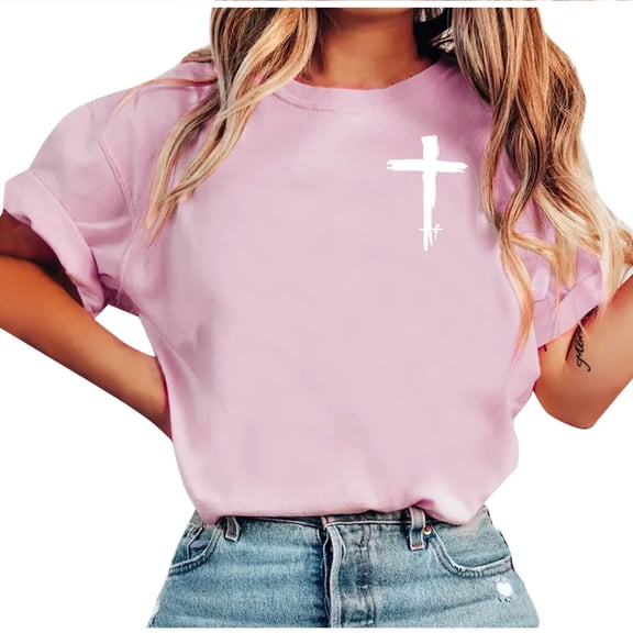 Htigea Women's Crew Neck Short Sleeve Tops Printed T-Shirts Soft Comfortable Summer Casual Loose Fit Tees Pink S