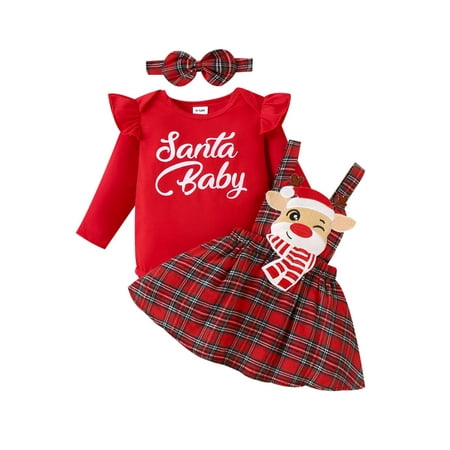 

TFFR Newborn Girls Valentine s Day Outfits Infant Rompers Deer Plaid Baby Suspender Skirts Clothes Set 3Pcs