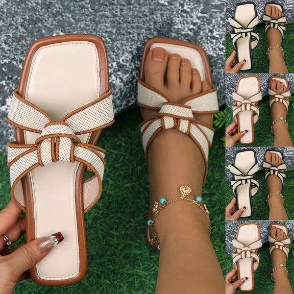 Hinvhai Women's Flat Sandals Square Toe Slide Sandals Braided Sandals for Vacation White 9.5(43)