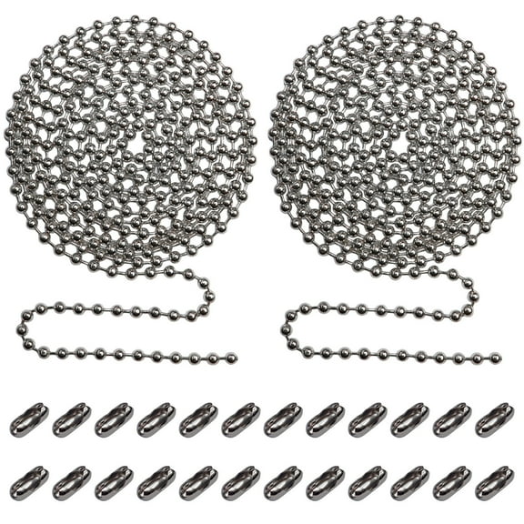 Beaded Pull Chain Extension with Connector for Ceiling Fan or Light (2pc in One Package) 10 Feet Beaded Roller Chain with 12 Matching Connectors Each (3.2mm Diameter, Silver)