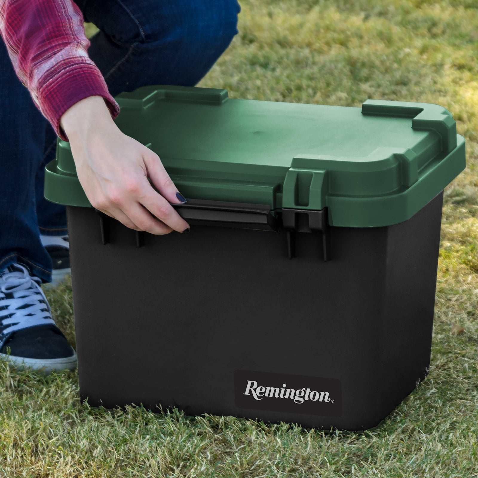 Remington 30 Qt Heavy Duty Trail Box, Stackable Storage Bin with Latching Lids, Black, 4Pk