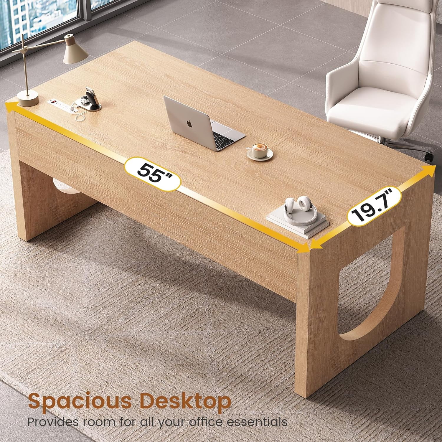SEDETA Modern Office Desk with 3 Drawers, 55" Executive Desk with U-Shaped Legs, Wood Computer Desk with Power Outlet, Home Office Desks with Relief Texture, Natrual