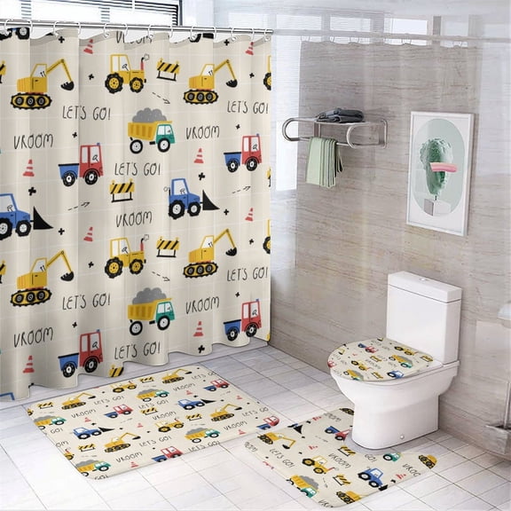 Cartoon Engineering Car 4 Piece Shower Curtain Sets, Non-Slip Rugs, Toilet Lid Cover And Bath Mat, for Bathroom Decor Set, 72" X 72"